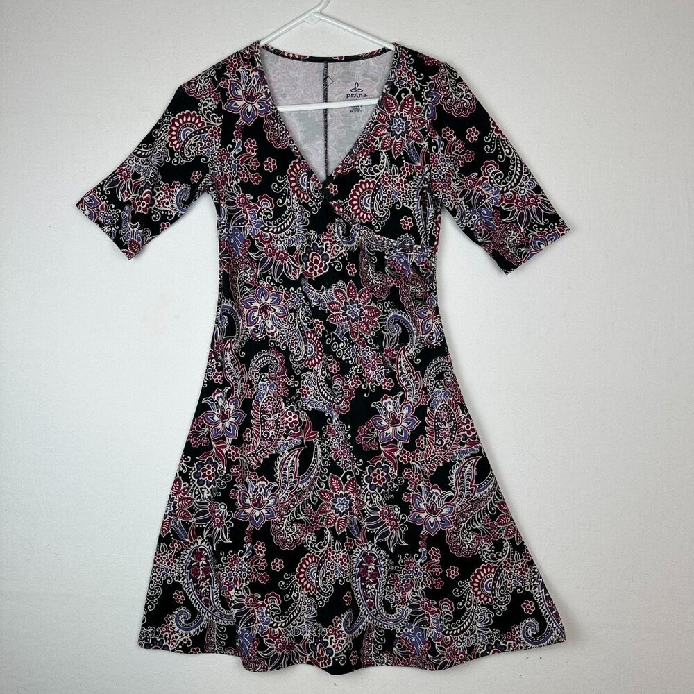 Prana "Nadia" Faux Wrap Floral Paisley V Neck Dress Athleisure Stretch